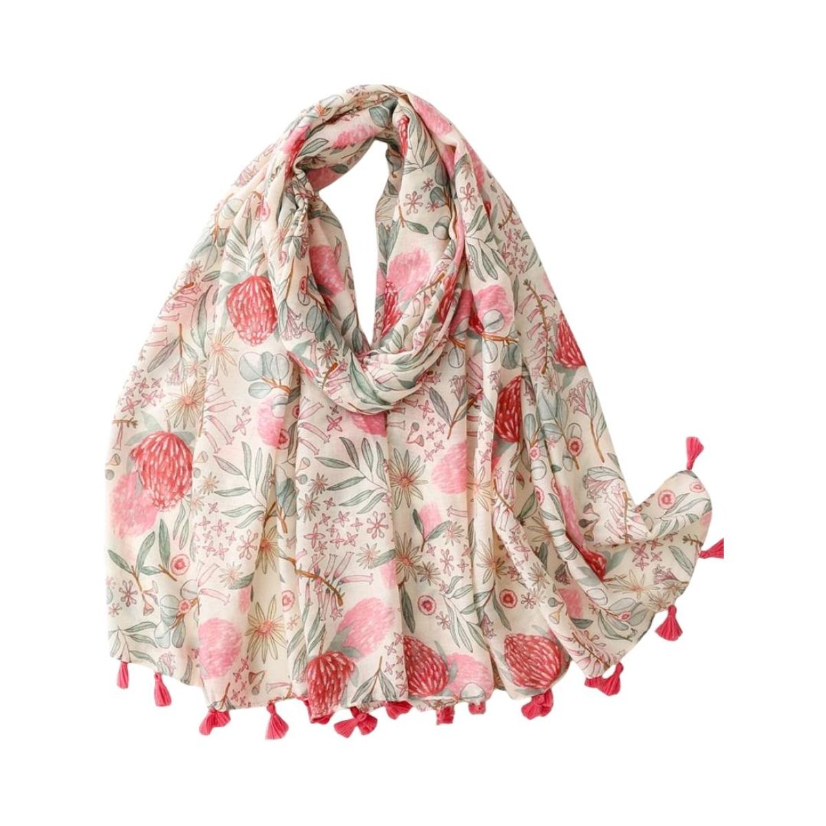 Y199 Skjerf viscose/bomull blomstret  - multi rød KUN 1STK