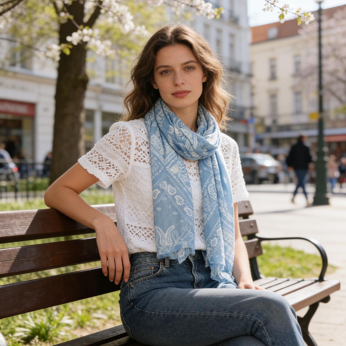 C283 Skjerf viscose/bomull paisly - taupe/blå